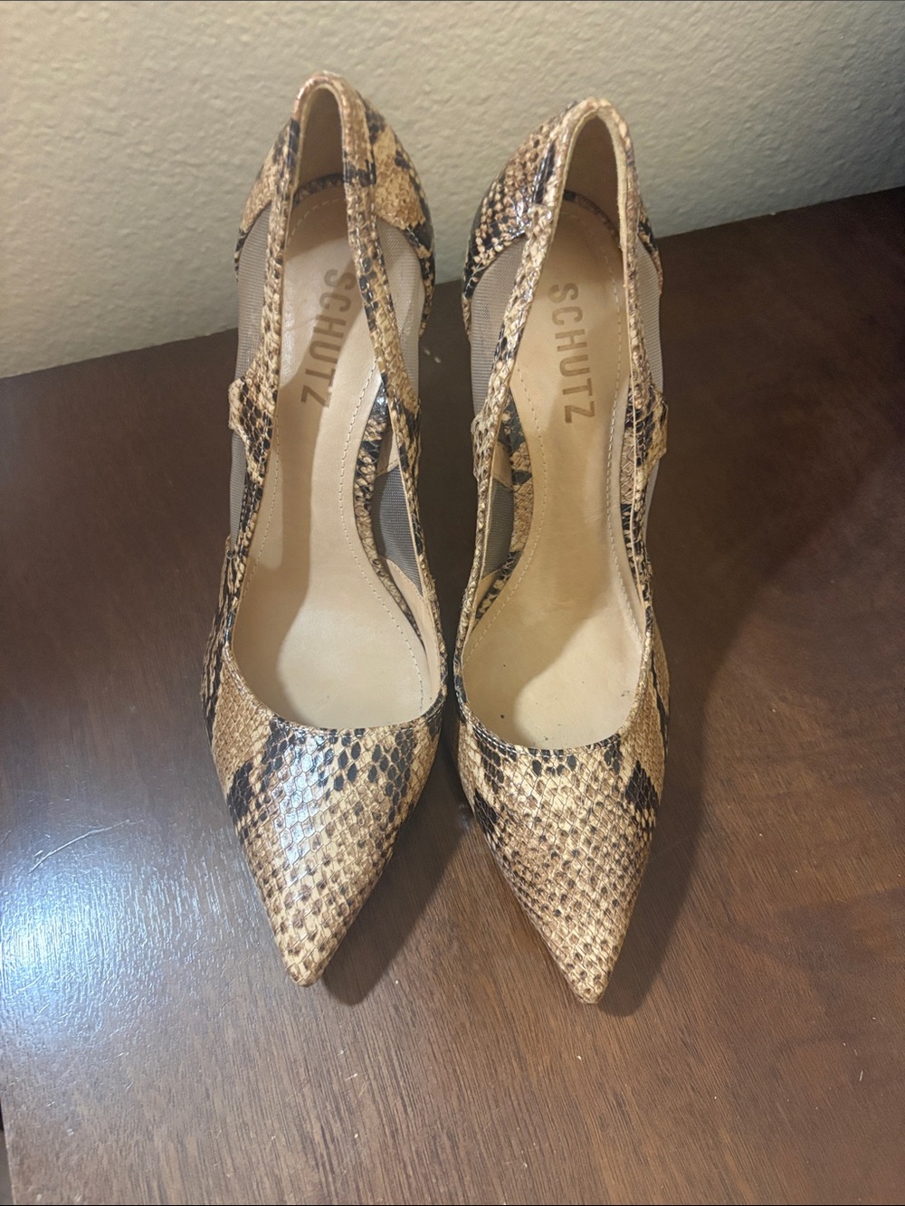 SCHUTZ Tan and Black Snake-Print Pointed Toe 3 inch Heels